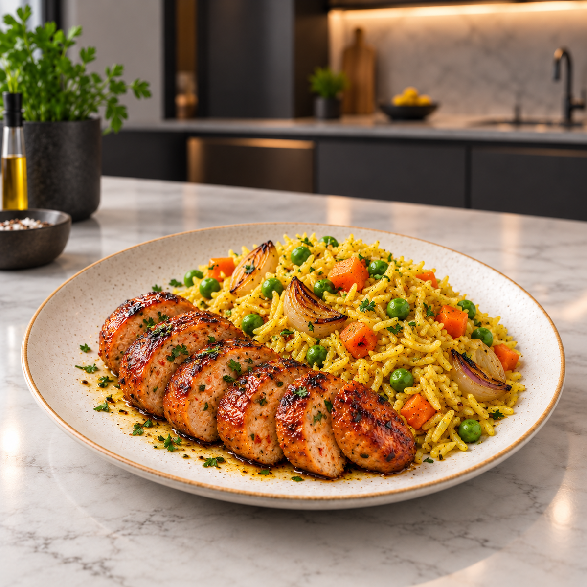 Chicken Merguez & Yellow Basmati — plat préparé, portion de 460 g